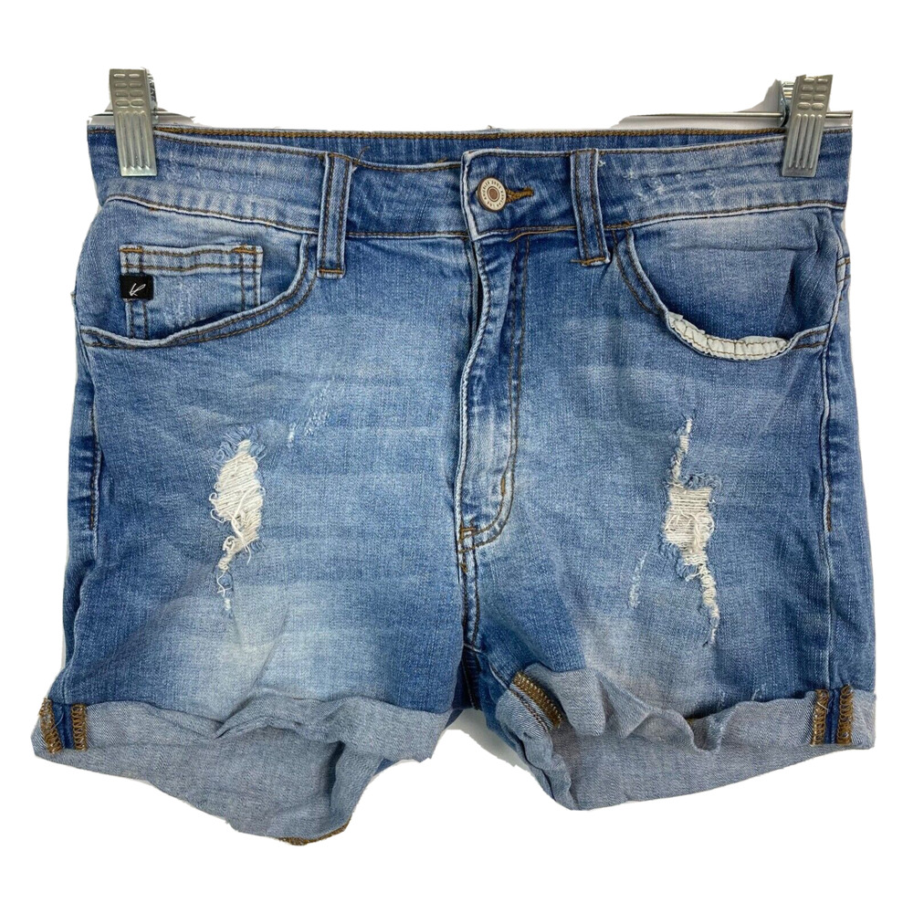 KanCan Shorts Womens Sz 9 28 Med Blue Denim Cuffed Cotton Stretch Distressed